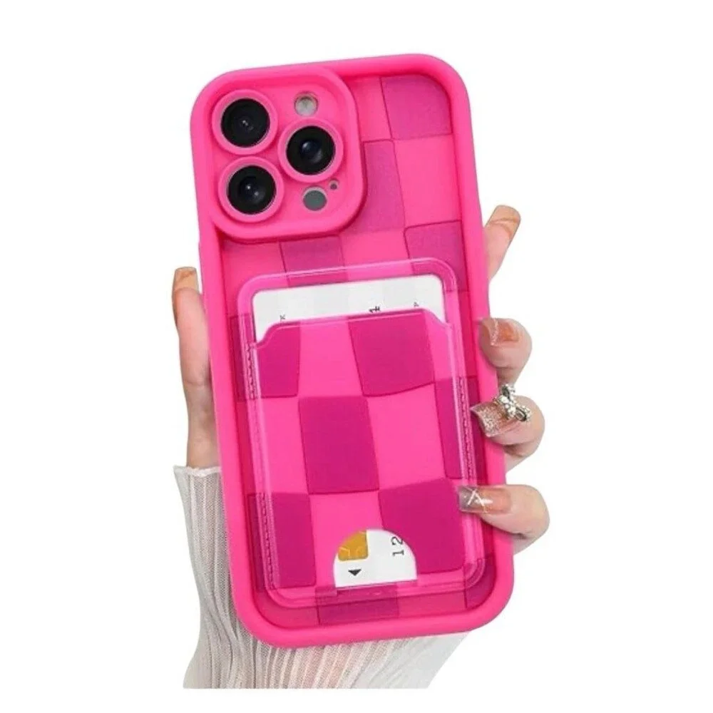 Kanghar Iphone 16 Pro Pink Checkered Case w/ Outside Credit Card Slot Holder